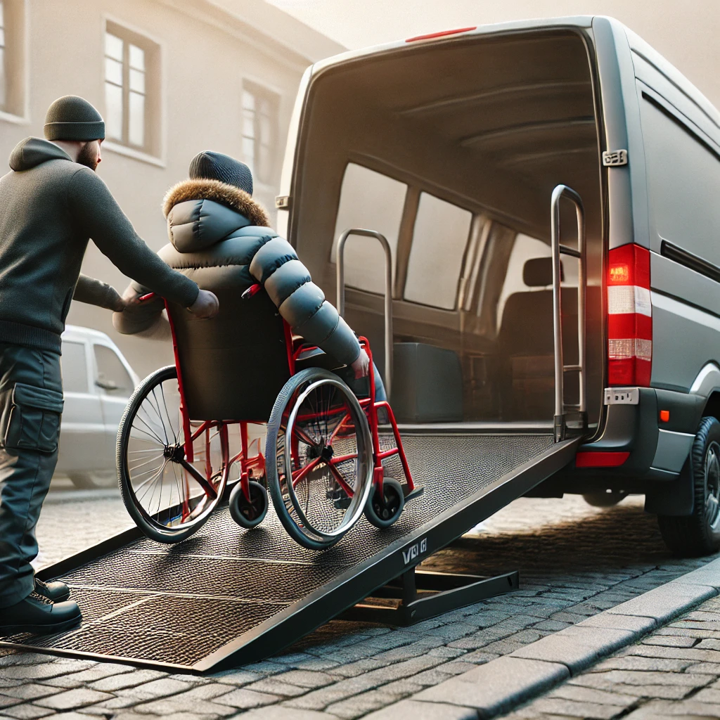 A realistic image of a person in a wheelchair being lifted into a vehicle using a wheelchair ramp. The person is wearing a winter jacket and is seated - Safe Transportation llc - washington state