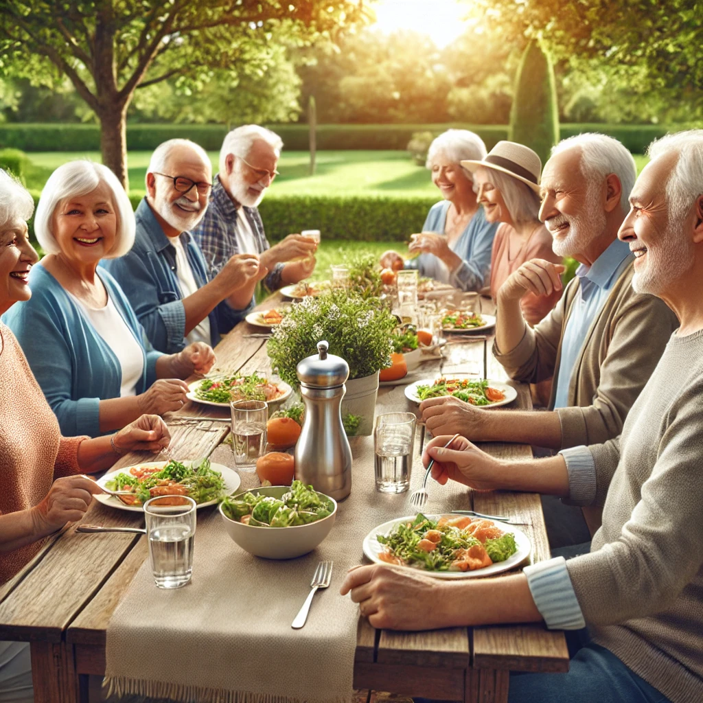 Safe Transportation LLC Washington Seattle A realistic photo of a group of senior citizens having lunch together outdoors. They are sitting around a table in a garden or park, enjoying their me.webp